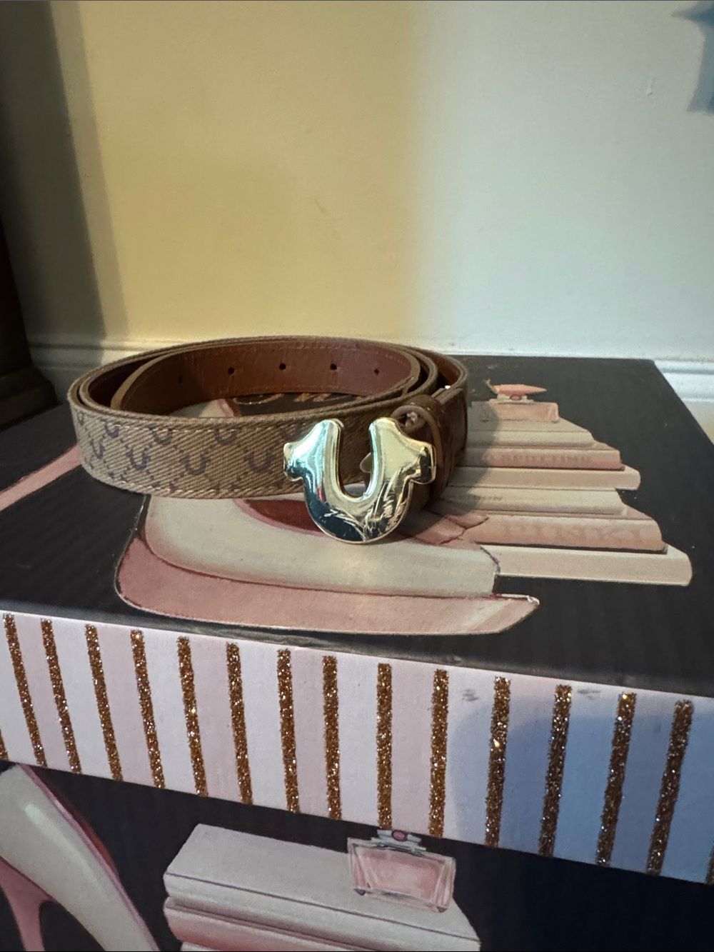 Brown Monogram Leather Belt with Silver Horseshoe Buckle